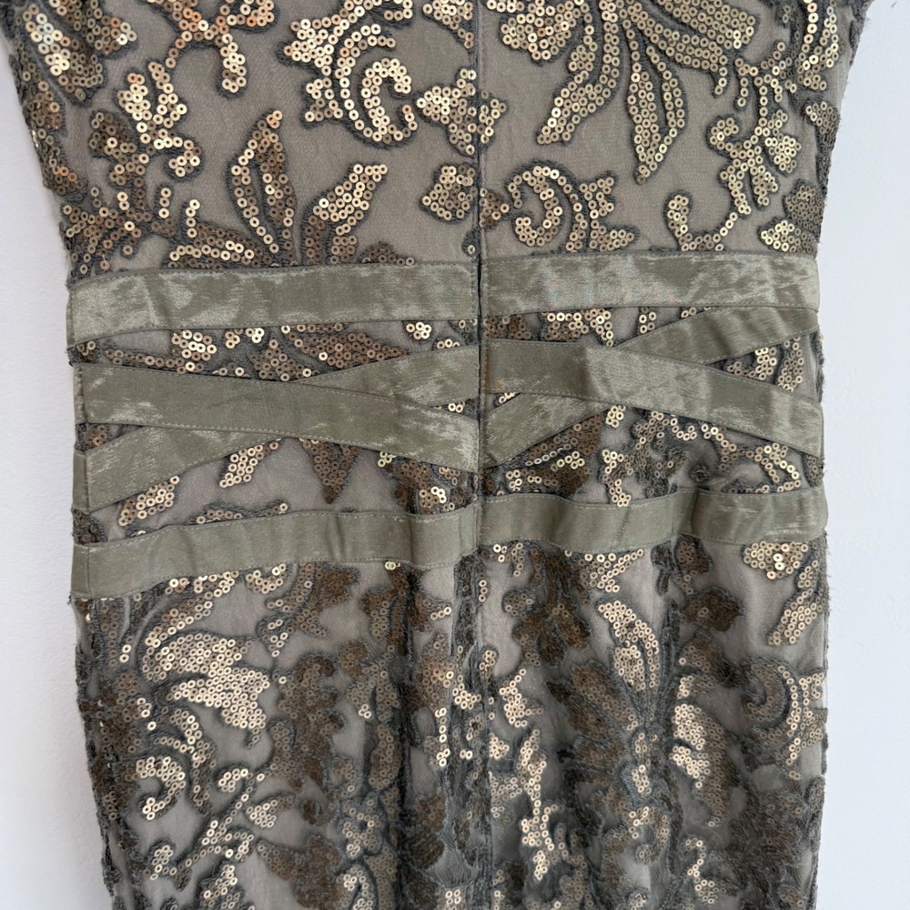 Tadashi Shoji Bronze Olive Sequin Lace Sheath Cocktail Dress Sz 4 Art Deco‎ Glam - Picture 9 of 16